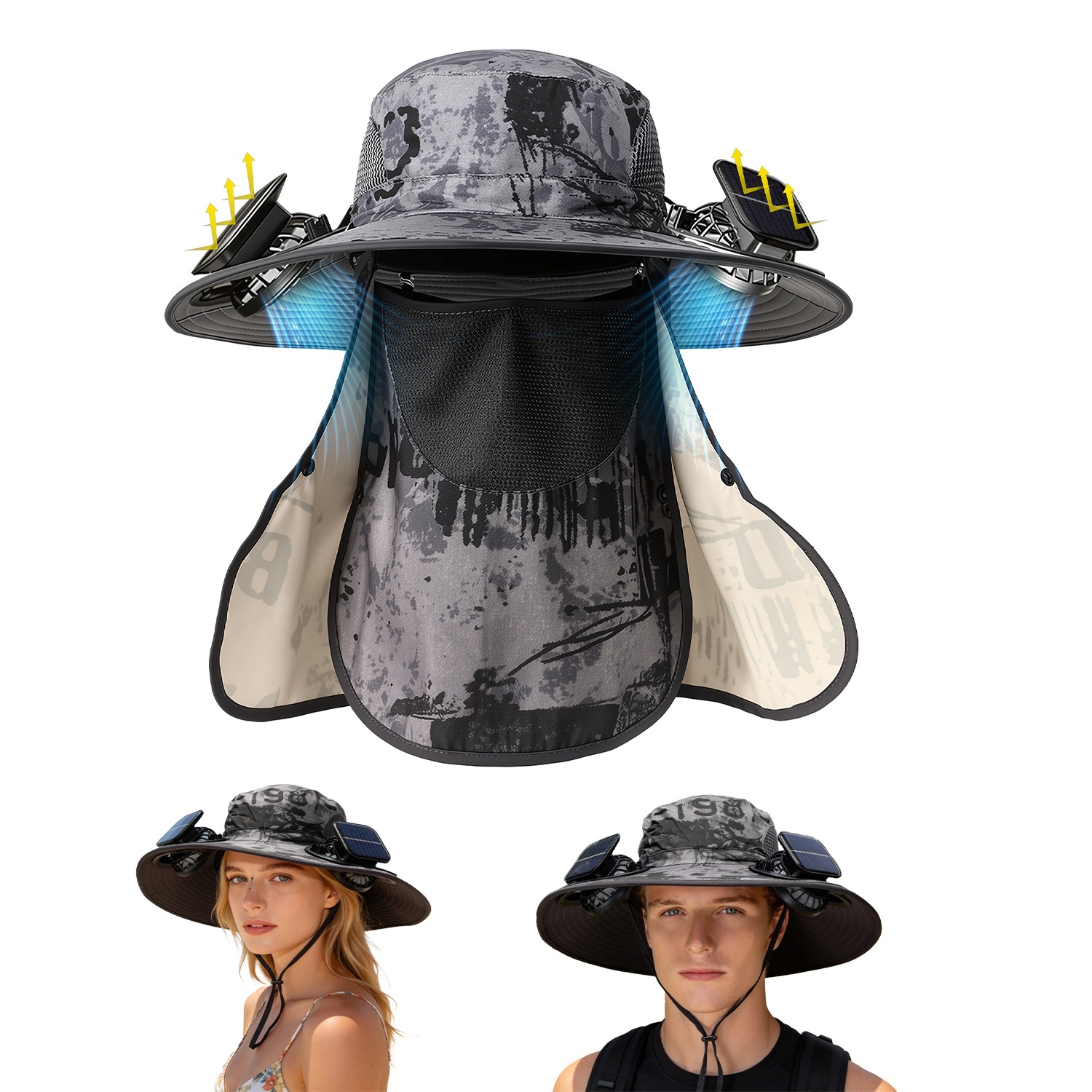 1Pc 2 In 1 Solar Fan Hat UPF50 Sun Hat With Fans Wide Brim Fishing Hat With Face Cover Neck Flap Solar USB Charging For Hiking Gardening Outdoor Work - image 12