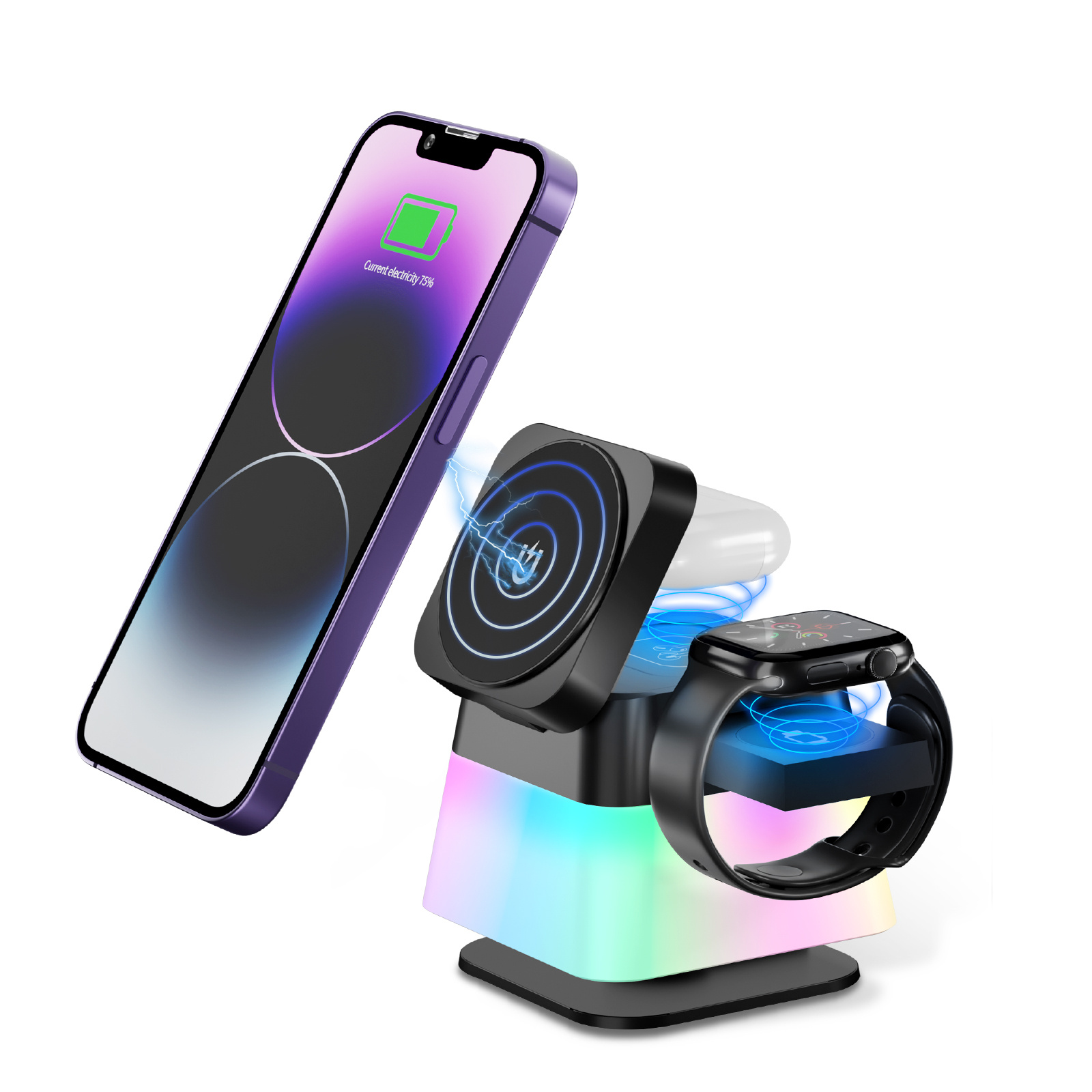 4 In 1 Rotatable Colorful Lighting Wireless Charger Stand For Phone 15 14 13 12 Pro Max 8 7 Holder Magnetic Fast Charging Station - image 6