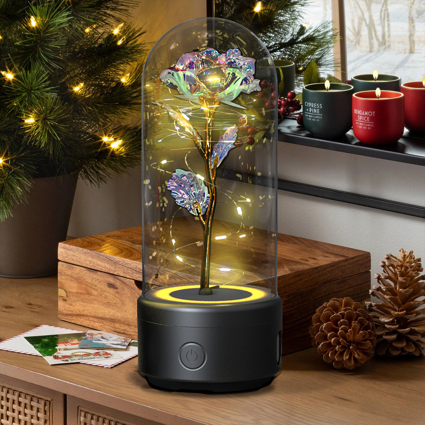 Creative 2 In 1 Rose Flowers LED Light And Bluetooth-compatible Speaker Valentine's Day Gift Rose Luminous Night Light Ornament In Glass Cover - image 9