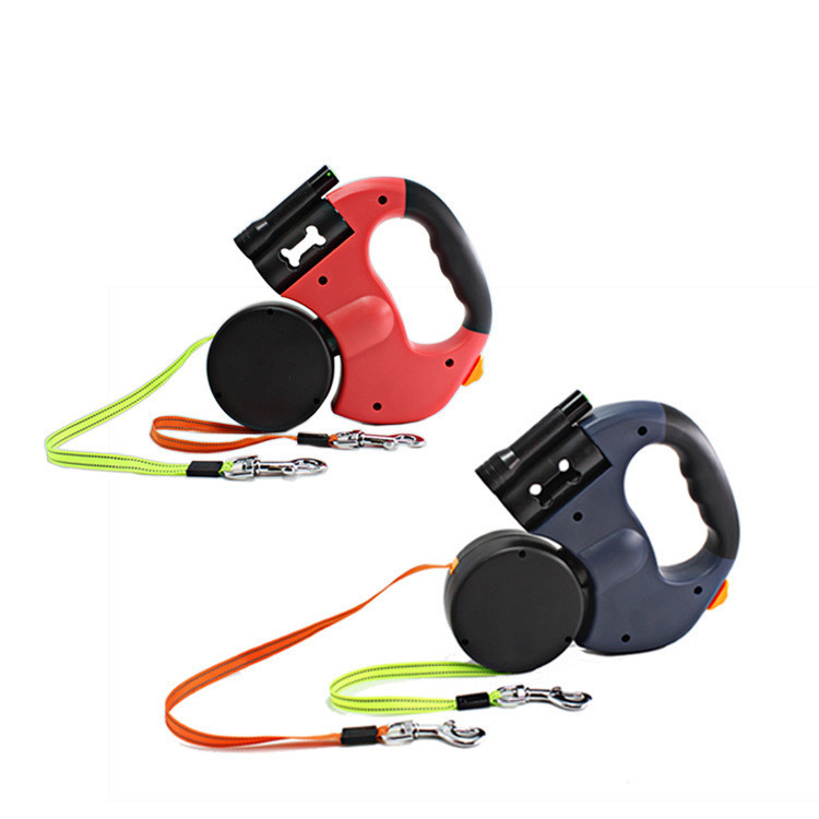 Dual Headed Pet Leashes with Flashlight Garbage Bag Box Automatic Retractable Dogs Traction Rope - image 4