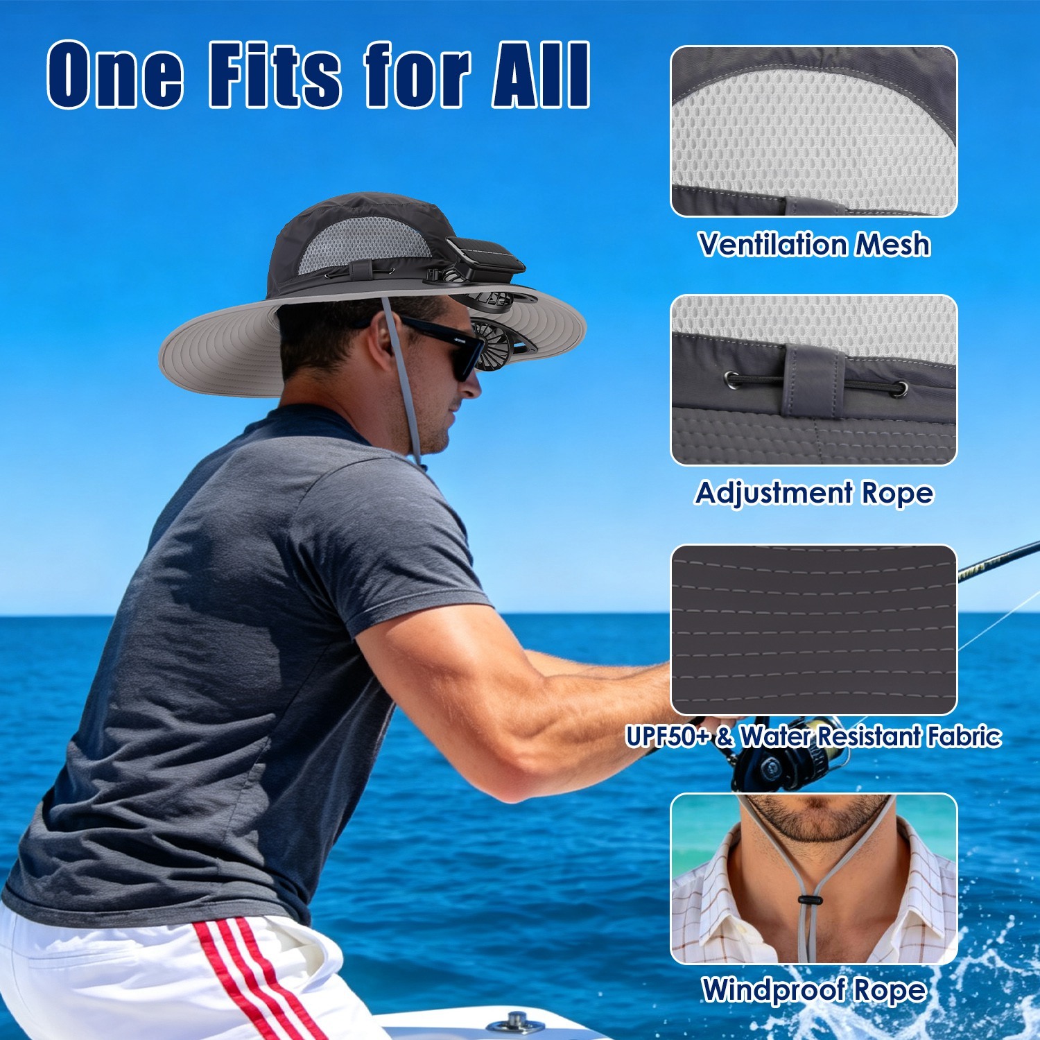 1Pc 2 In 1 Solar Fan Hat UPF50 Sun Hat With Fans Wide Brim Fishing Hat With Face Cover Neck Flap Solar USB Charging For Hiking Gardening Outdoor Work - image 4