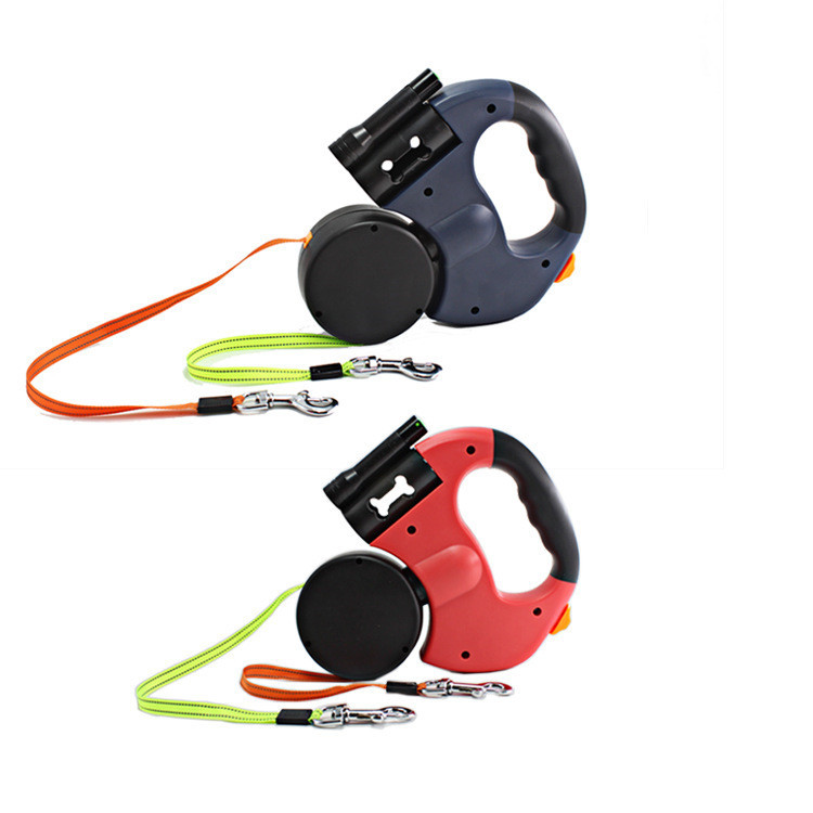 Dual Headed Pet Leashes with Flashlight Garbage Bag Box Automatic Retractable Dogs Traction Rope - image 3