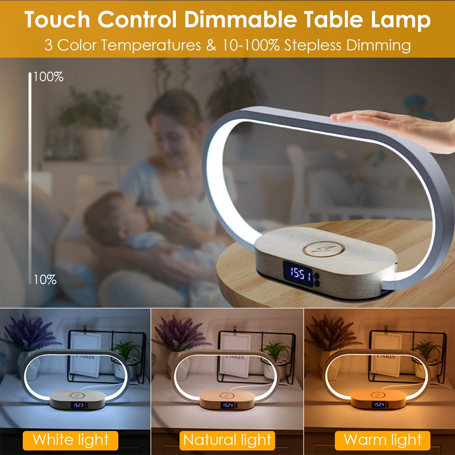 1 Set Bedside Table Lamp Touch Control Lamp With Clock Wireless Charging LED Desk Lamp Dimmable Nightstand Reading Lamp - image 3