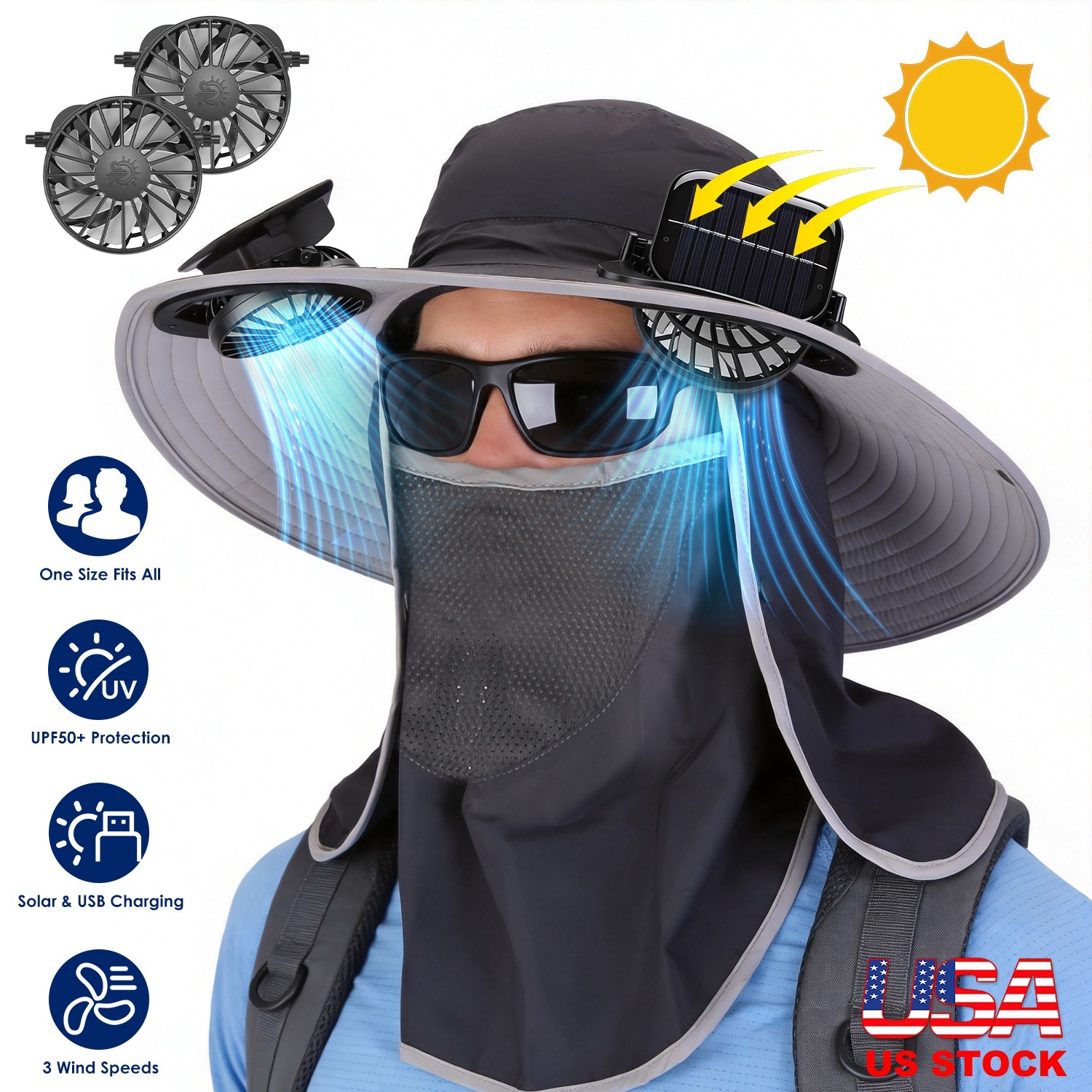 1Pc 2 In 1 Solar Fan Hat UPF50 Sun Hat With Fans Wide Brim Fishing Hat With Face Cover Neck Flap Solar USB Charging For Hiking Gardening Outdoor Work - image 13
