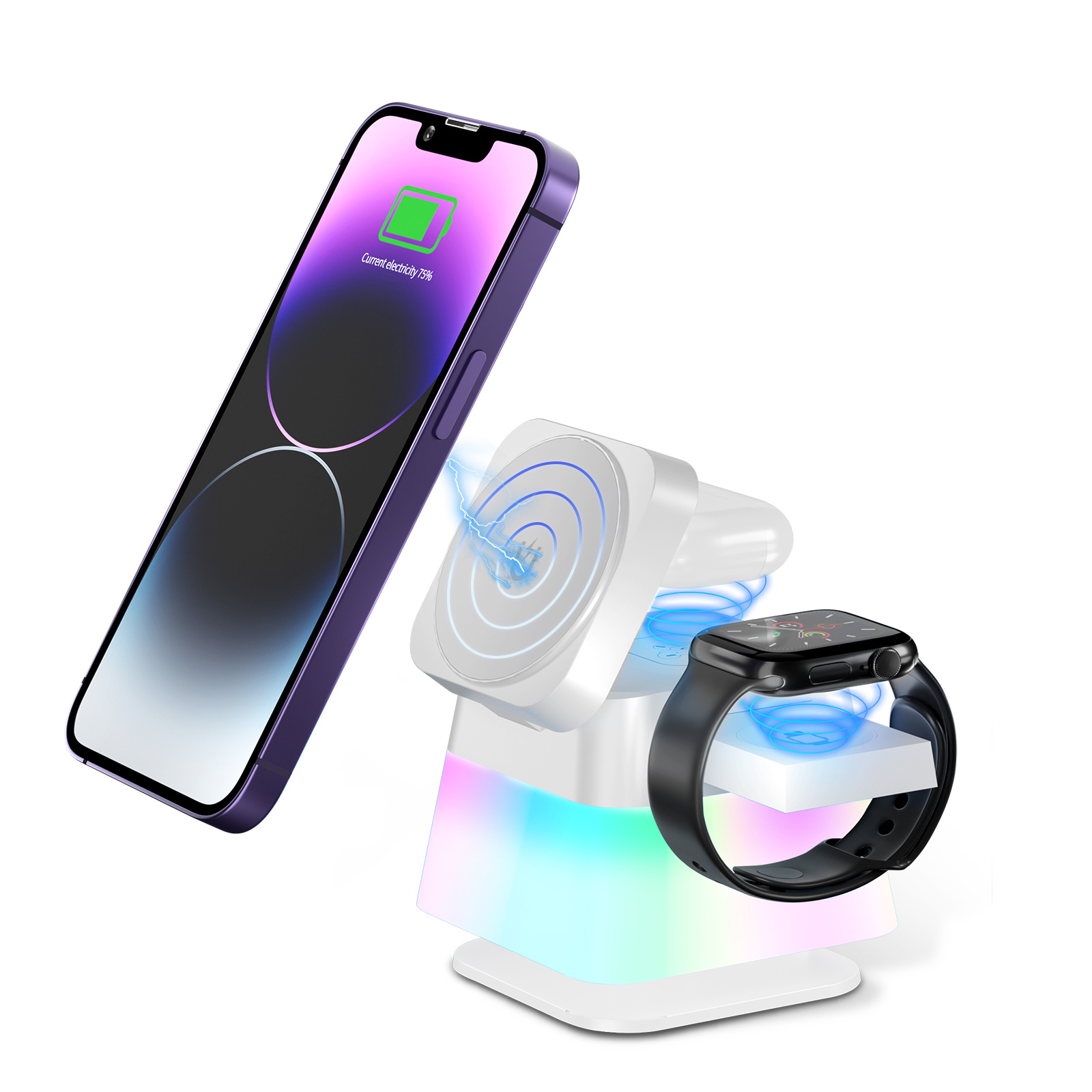 4 In 1 Rotatable Colorful Lighting Wireless Charger Stand For Phone 15 14 13 12 Pro Max 8 7 Holder Magnetic Fast Charging Station - image 4