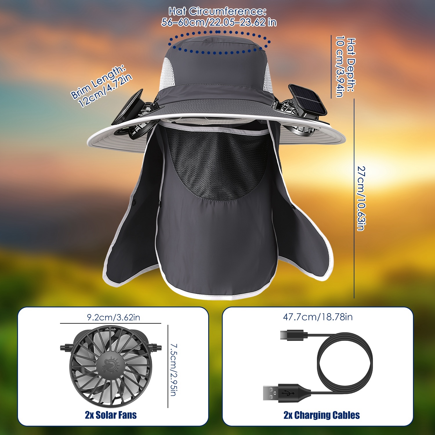 1Pc 2 In 1 Solar Fan Hat UPF50 Sun Hat With Fans Wide Brim Fishing Hat With Face Cover Neck Flap Solar USB Charging For Hiking Gardening Outdoor Work - image 5