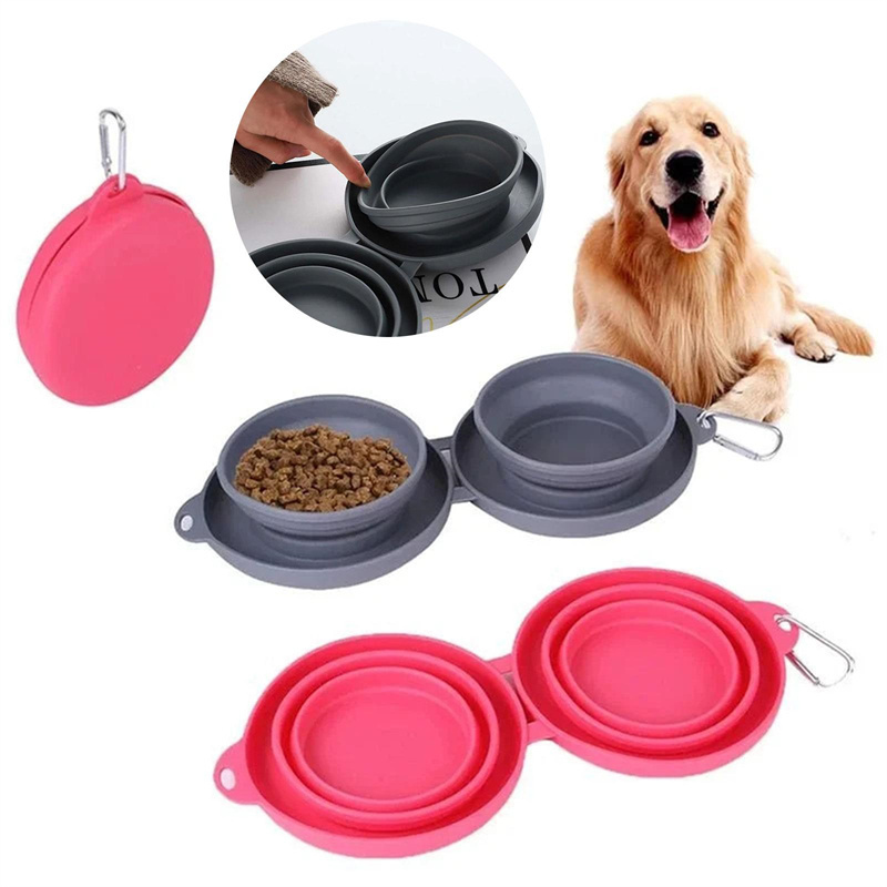 Rubber Foldable Double Bowl Pet Feeding Bowl Pets Supplies Dog Cat Bowls - image 12