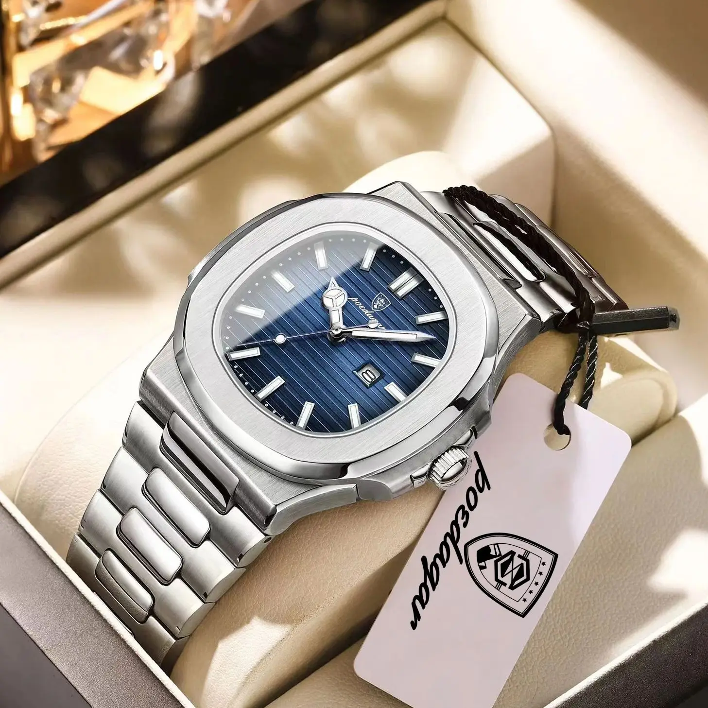 POEDAGAR Luxury Square Men Wristwatch Waterproof Luminous Date Stainless Steel Sports Male Clock Business Quartz Watches For Men