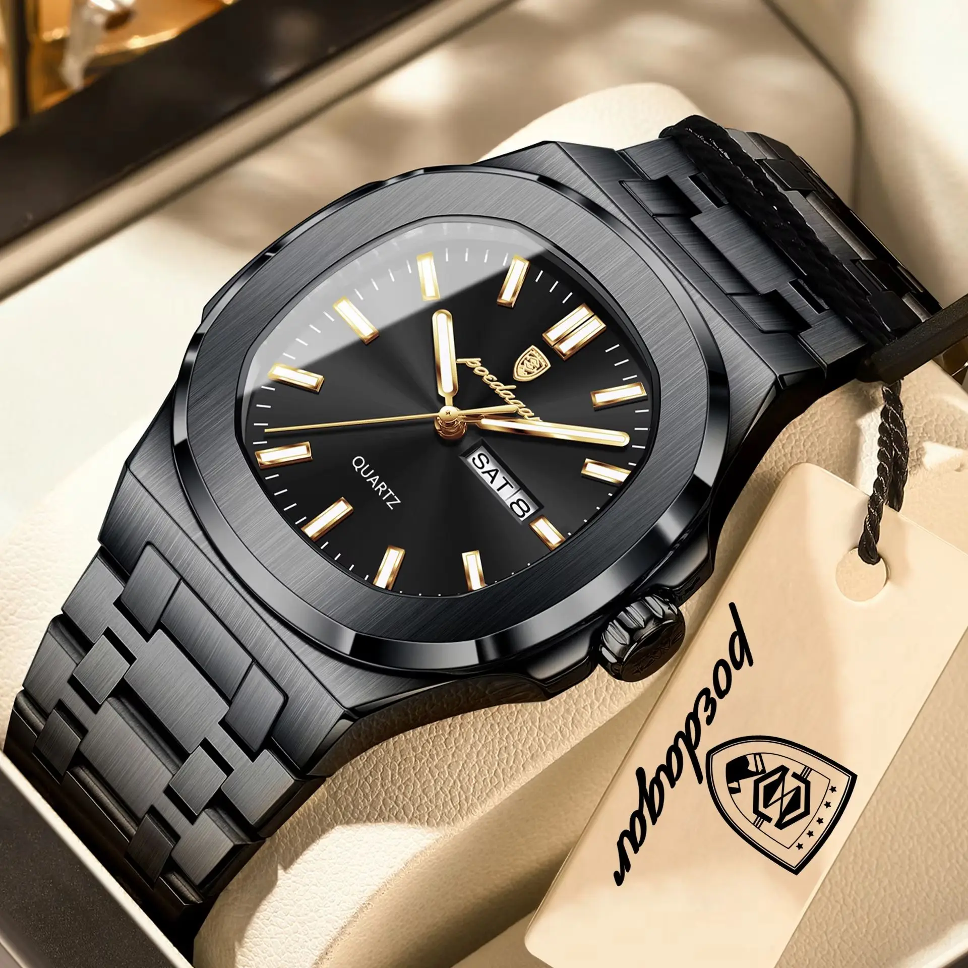 POEDAGAR Square Luxury Men Clock Waterproof Luminous Date Week Quartz Man Wristwatch Stainless Steel Fashion Men's Watches Reloj - image 2
