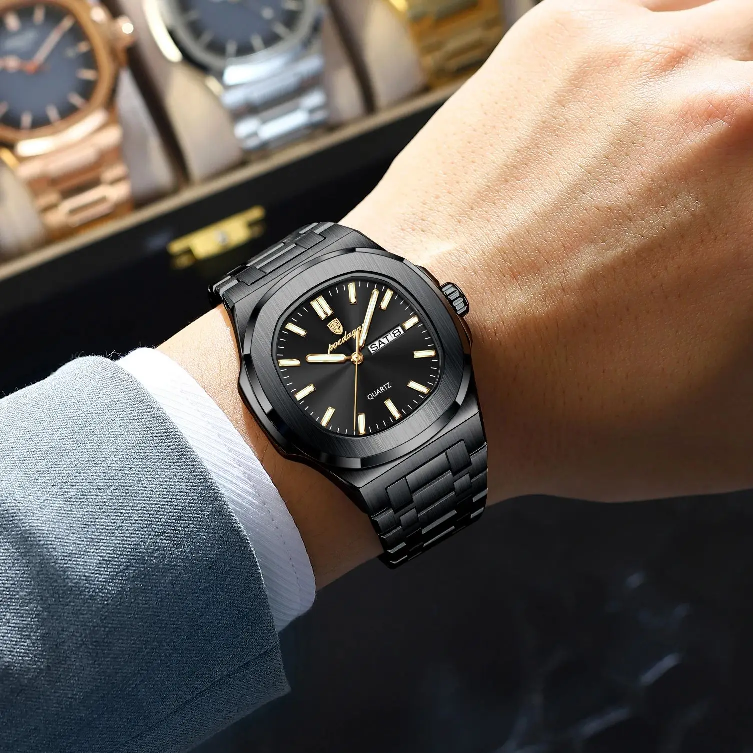 POEDAGAR Square Luxury Men Clock Waterproof Luminous Date Week Quartz Man Wristwatch Stainless Steel Fashion Men's Watches Reloj - image 5