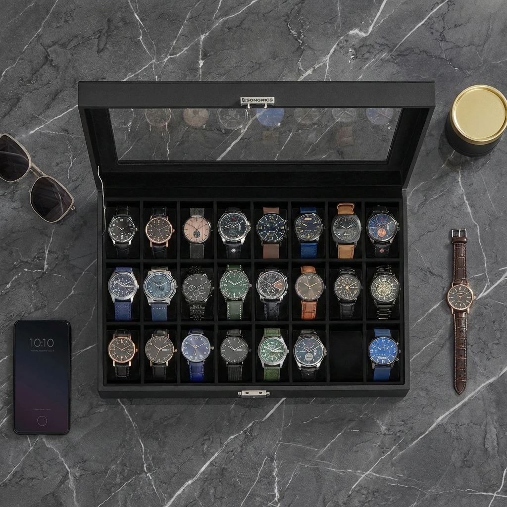 SONGMICS 24-Slot Watch Box, Lockable Watch Storage Case with Glass Lid, Gift Idea, Ink Black Synthetic Leather