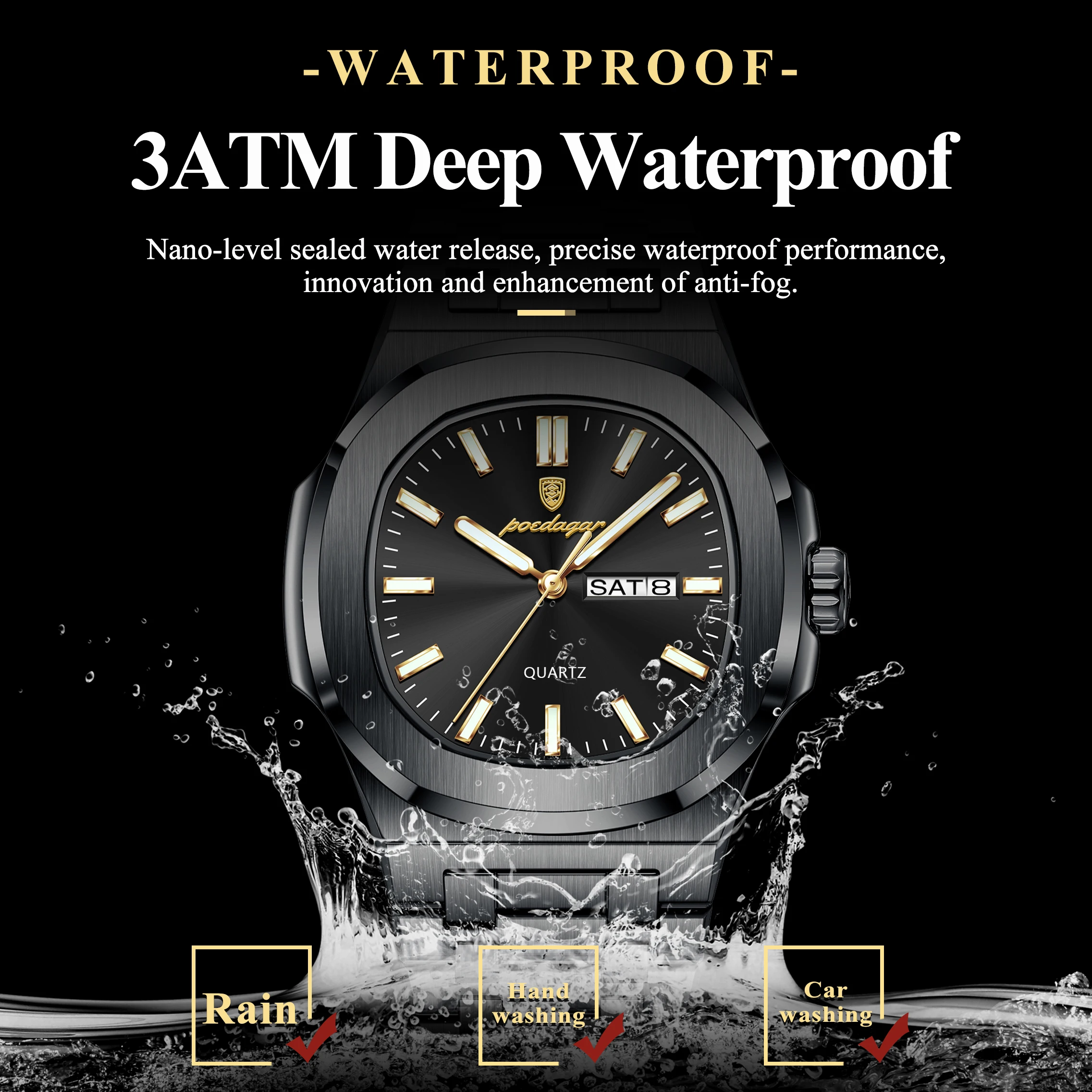 POEDAGAR Square Luxury Men Clock Waterproof Luminous Date Week Quartz Man Wristwatch Stainless Steel Fashion Men's Watches Reloj - image 3