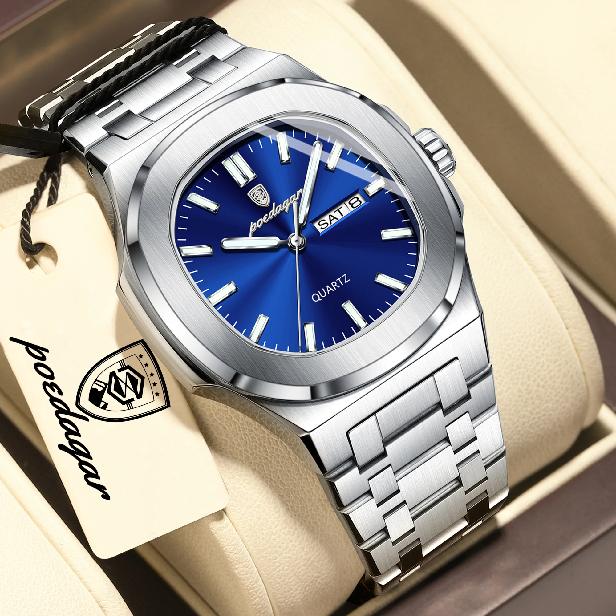 POEDAGAR Square Luxury Men Clock Waterproof Luminous Date Week Quartz Man Wristwatch Stainless Steel Fashion Men's Watches Reloj - image 10