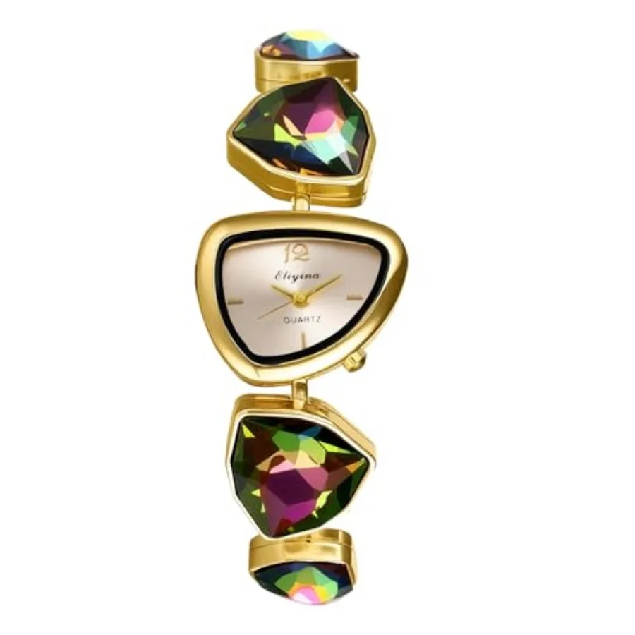 Women's Bracelet Wrist Watches: Ladies Vintage Retro Colorful Rhinestones Triangular Gold Tone Elegant Analog Quartz Watch