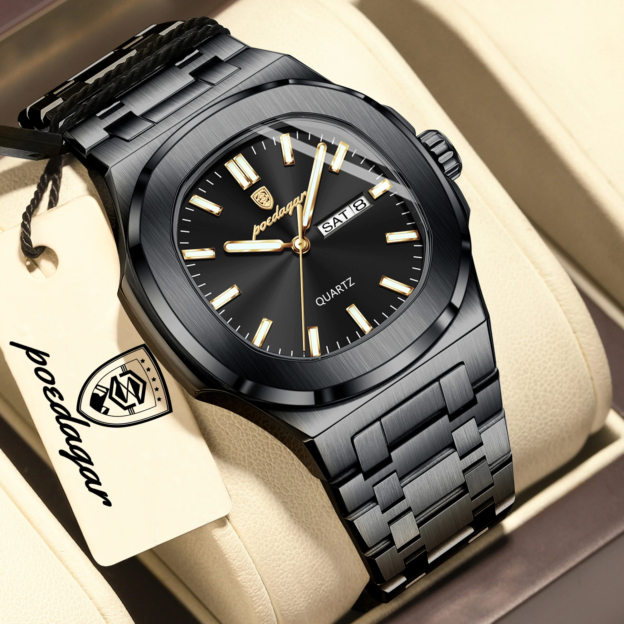 POEDAGAR Square Luxury Men Clock Waterproof Luminous Date Week Quartz Man Wristwatch Stainless Steel Fashion Men's Watches Reloj - image 9