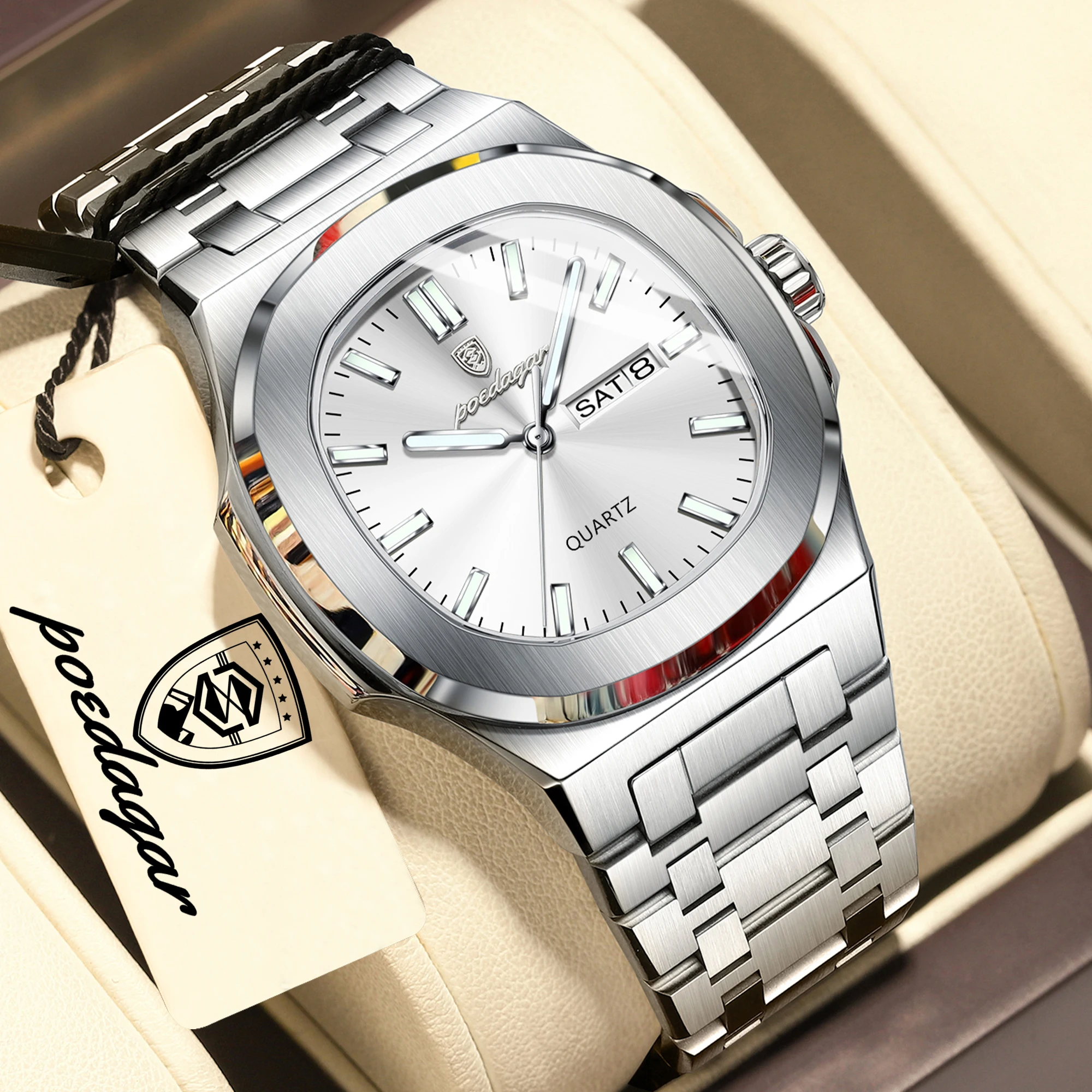 POEDAGAR Square Luxury Men Clock Waterproof Luminous Date Week Quartz Man Wristwatch Stainless Steel Fashion Men's Watches Reloj - image 11