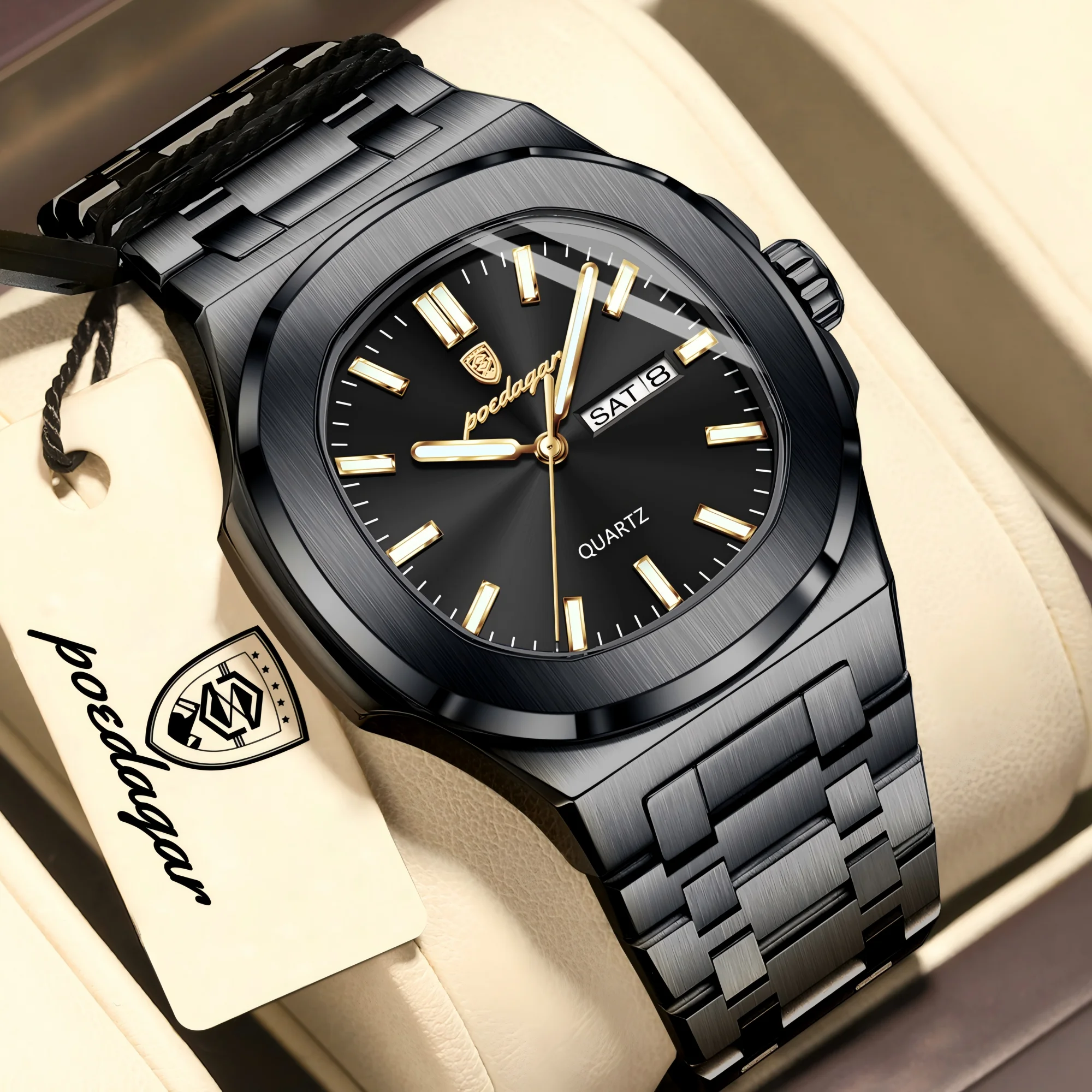 POEDAGAR Square Luxury Men Clock Waterproof Luminous Date Week Quartz Man Wristwatch Stainless Steel Fashion Men's Watches Reloj