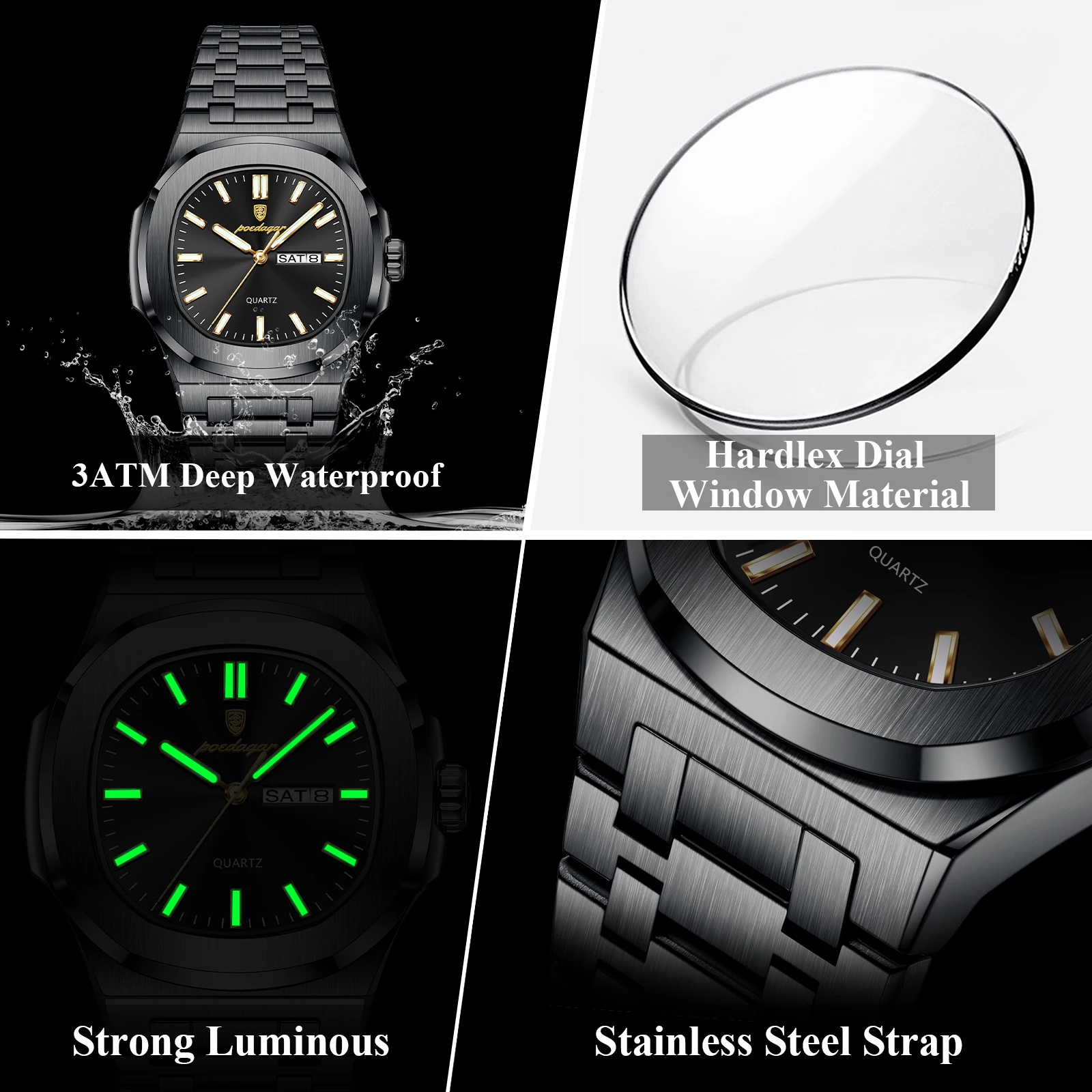 POEDAGAR Square Luxury Men Clock Waterproof Luminous Date Week Quartz Man Wristwatch Stainless Steel Fashion Men's Watches Reloj - image 4