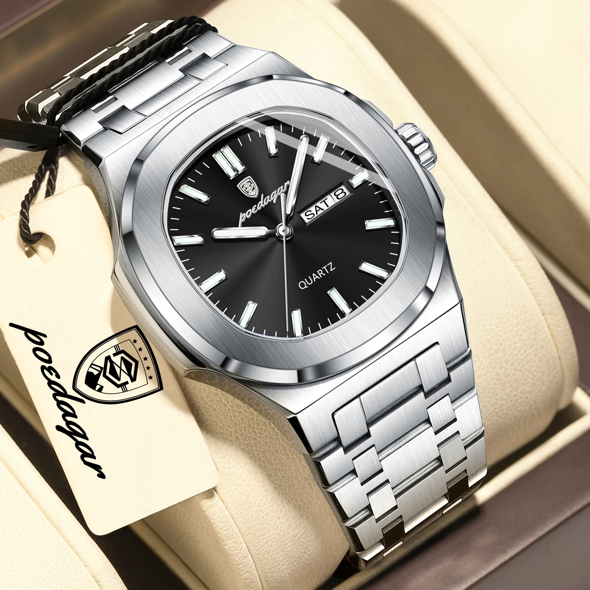 POEDAGAR Square Luxury Men Clock Waterproof Luminous Date Week Quartz Man Wristwatch Stainless Steel Fashion Men's Watches Reloj - image 7