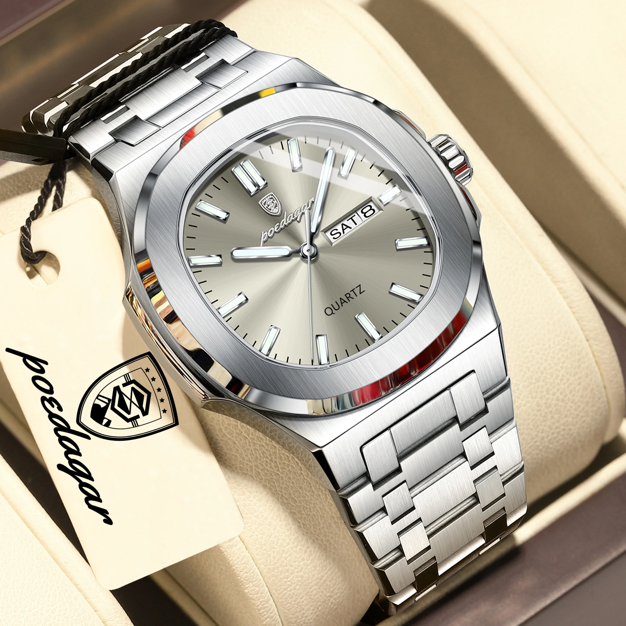 POEDAGAR Square Luxury Men Clock Waterproof Luminous Date Week Quartz Man Wristwatch Stainless Steel Fashion Men's Watches Reloj - image 15