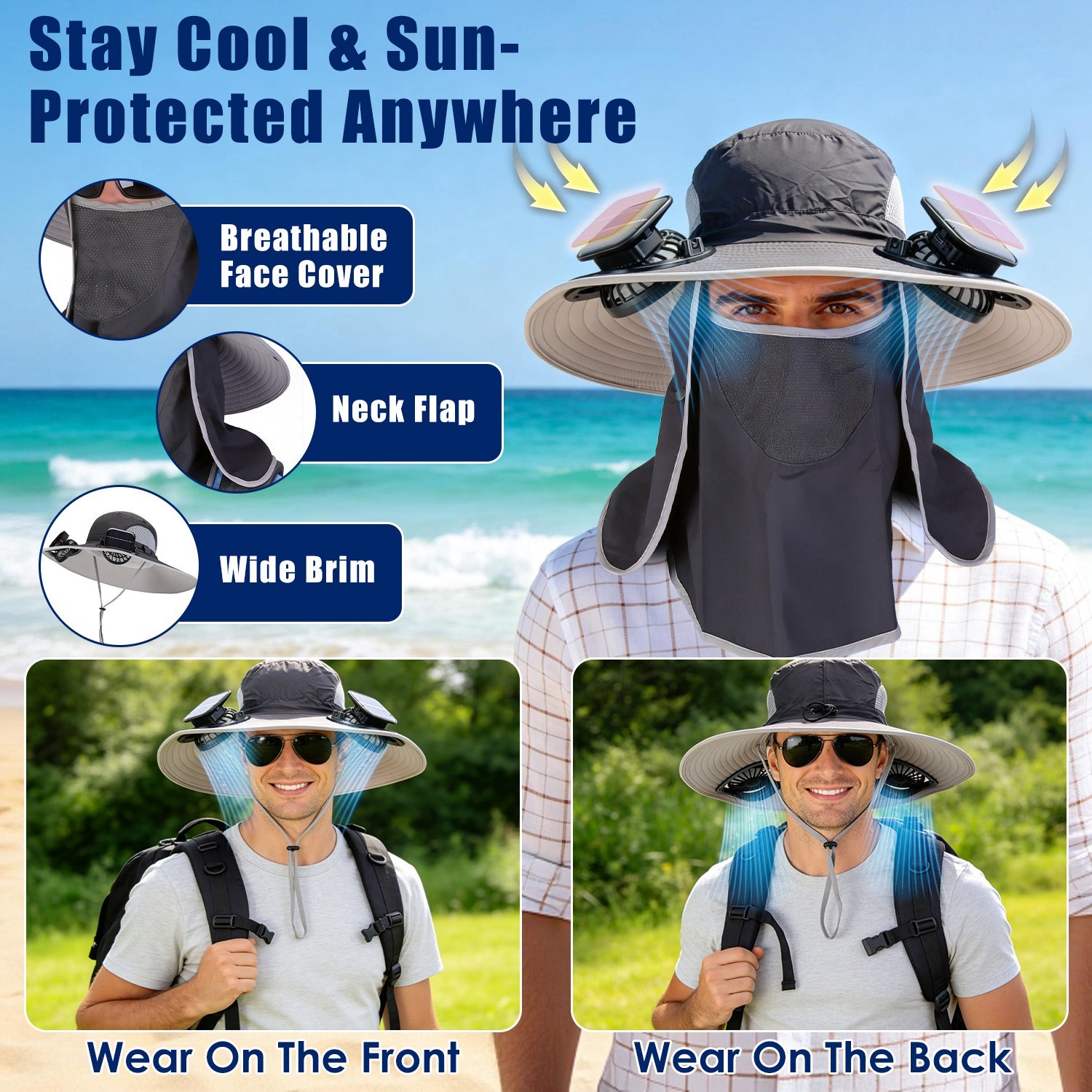 1Pc 2 In 1 Solar Fan Hat UPF50 Sun Hat With Fans Wide Brim Fishing Hat With Face Cover Neck Flap Solar USB Charging For Hiking Gardening Outdoor Work - image 9