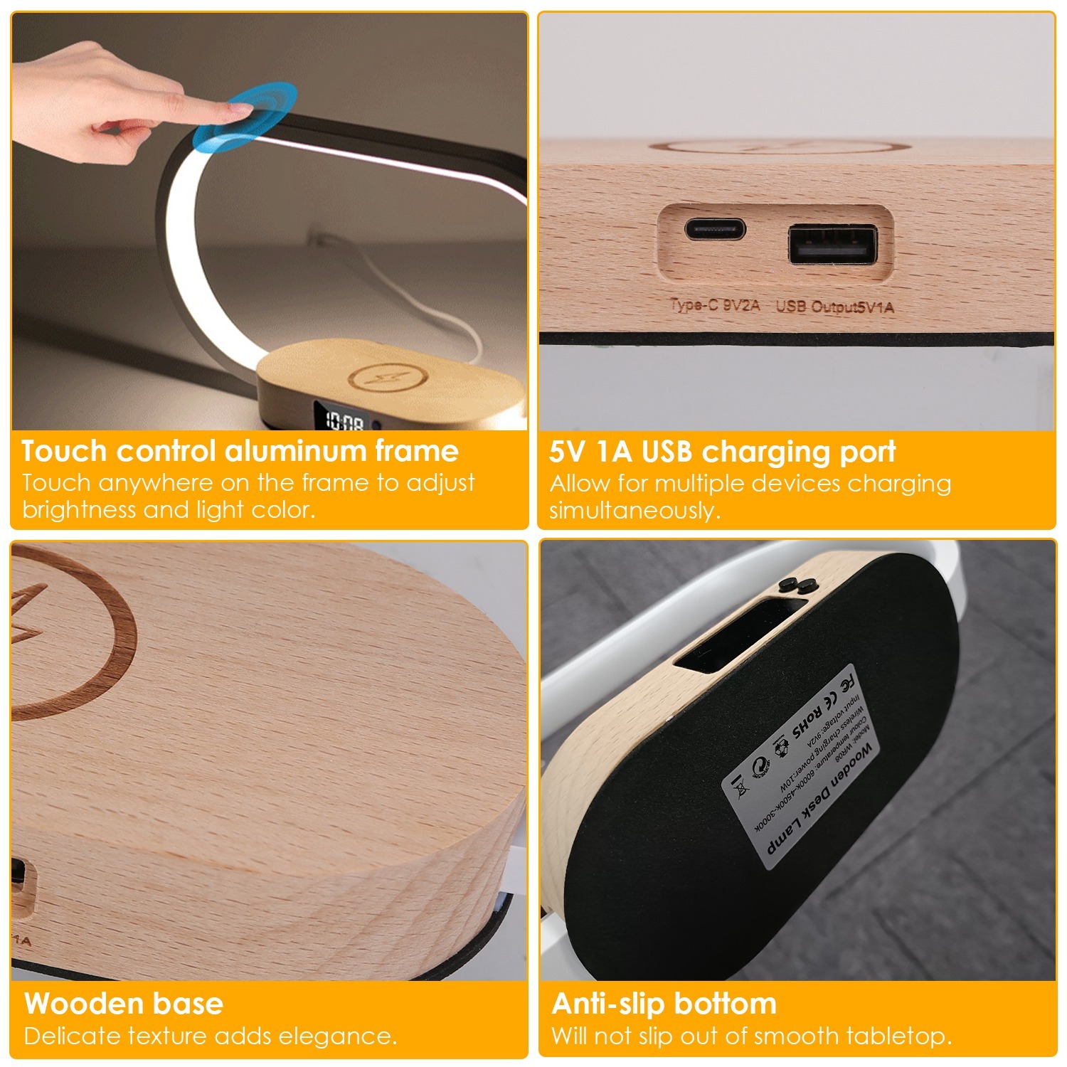 1 Set Bedside Table Lamp Touch Control Lamp With Clock Wireless Charging LED Desk Lamp Dimmable Nightstand Reading Lamp - image 4
