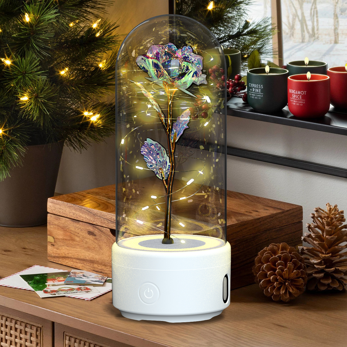 Creative 2 In 1 Rose Flowers LED Light And Bluetooth-compatible Speaker Valentine's Day Gift Rose Luminous Night Light Ornament In Glass Cover - image 10