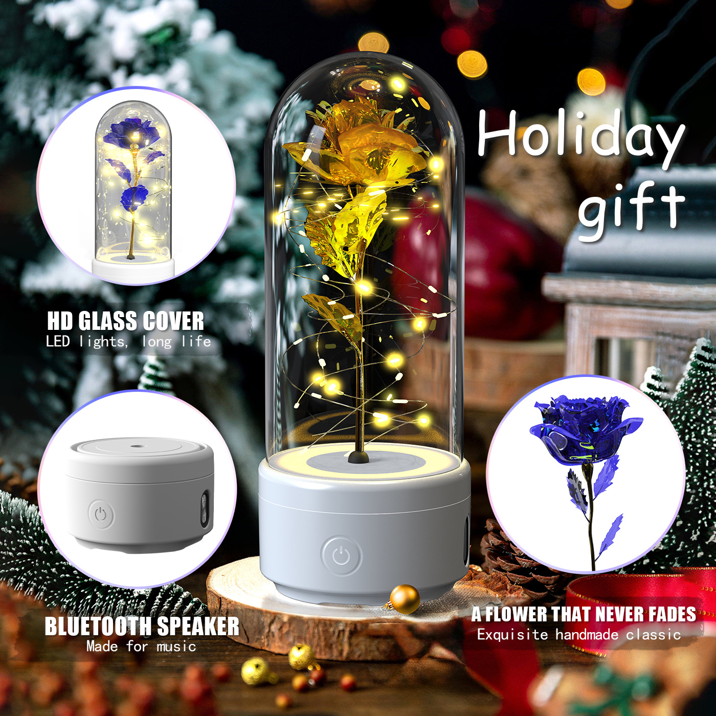 Creative 2 In 1 Rose Flowers LED Light And Bluetooth-compatible Speaker Valentine's Day Gift Rose Luminous Night Light Ornament In Glass Cover - image 4