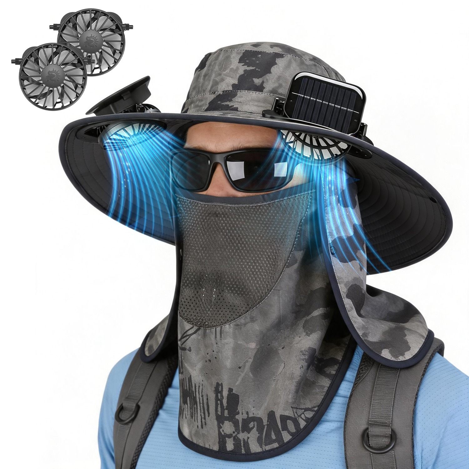 1Pc 2 In 1 Solar Fan Hat UPF50 Sun Hat With Fans Wide Brim Fishing Hat With Face Cover Neck Flap Solar USB Charging For Hiking Gardening Outdoor Work - image 10
