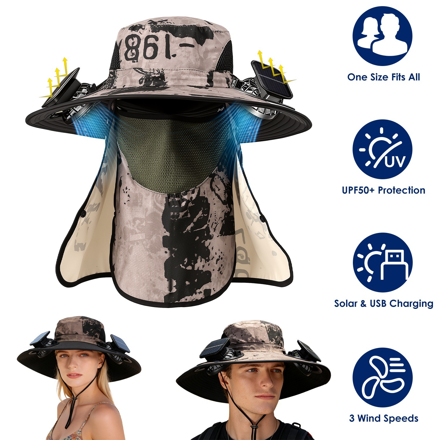 1Pc 2 In 1 Solar Fan Hat UPF50 Sun Hat With Fans Wide Brim Fishing Hat With Face Cover Neck Flap Solar USB Charging For Hiking Gardening Outdoor Work - image 11