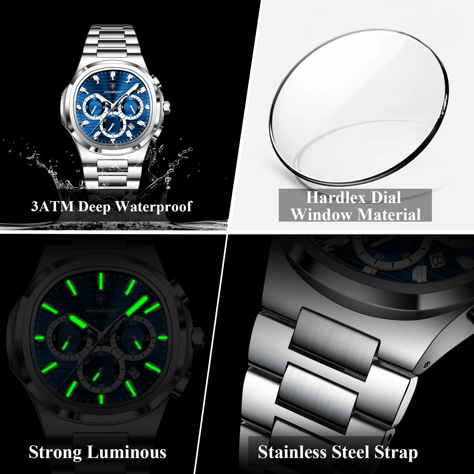 POEDAGAR Business Male Clock Date Chronograph Waterproof Luminous Luxury Men Watch Stainless Steel Quartz Fashion Men's Watches - image 4