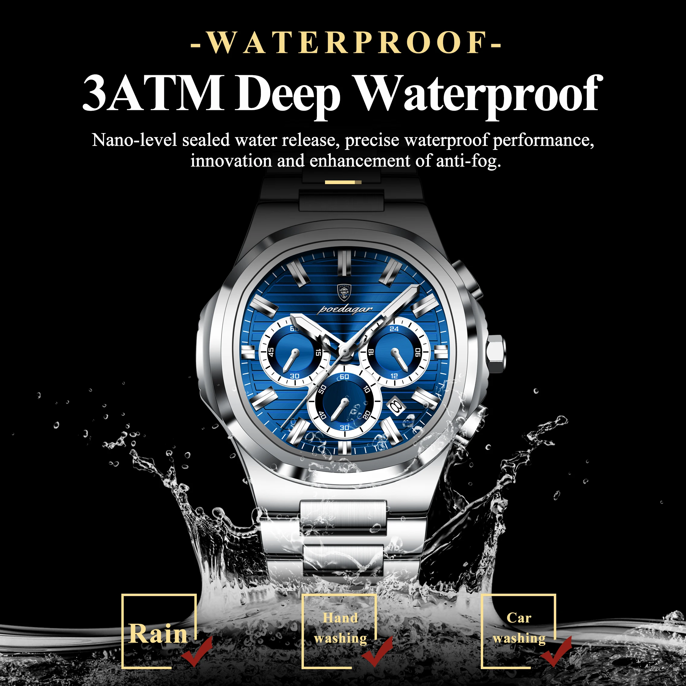 POEDAGAR Business Male Clock Date Chronograph Waterproof Luminous Luxury Men Watch Stainless Steel Quartz Fashion Men's Watches - image 3