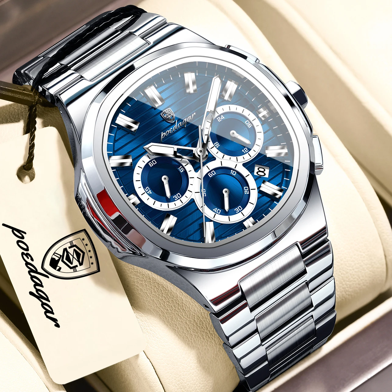 POEDAGAR Business Male Clock Date Chronograph Waterproof Luminous Luxury Men Watch Stainless Steel Quartz Fashion Men's Watches