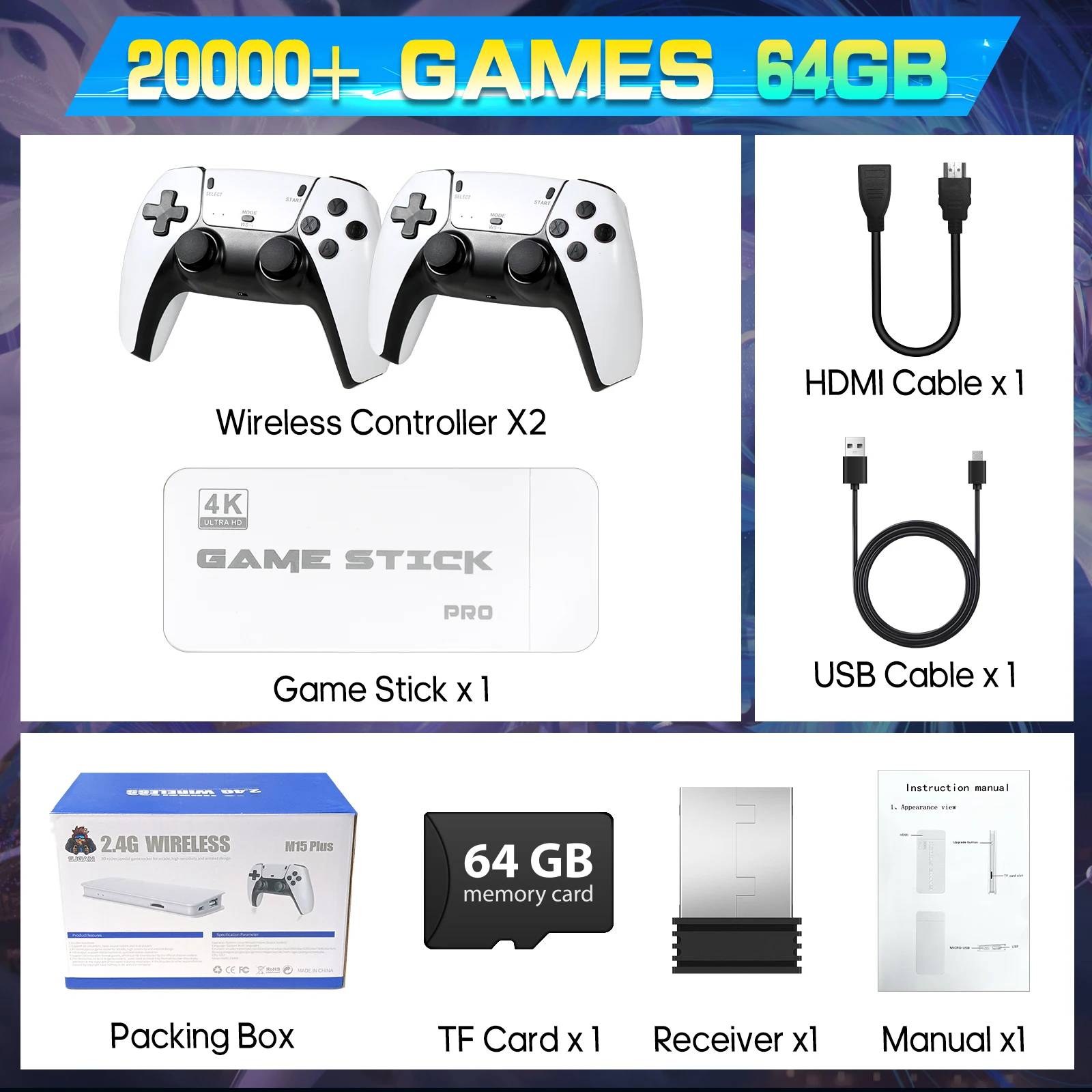 M15 4K TV Retro Handheld Game Console Stick 2.4G Dual Wireless Controller 20000+ Classical Games 23 Classic Emulaters - image 7