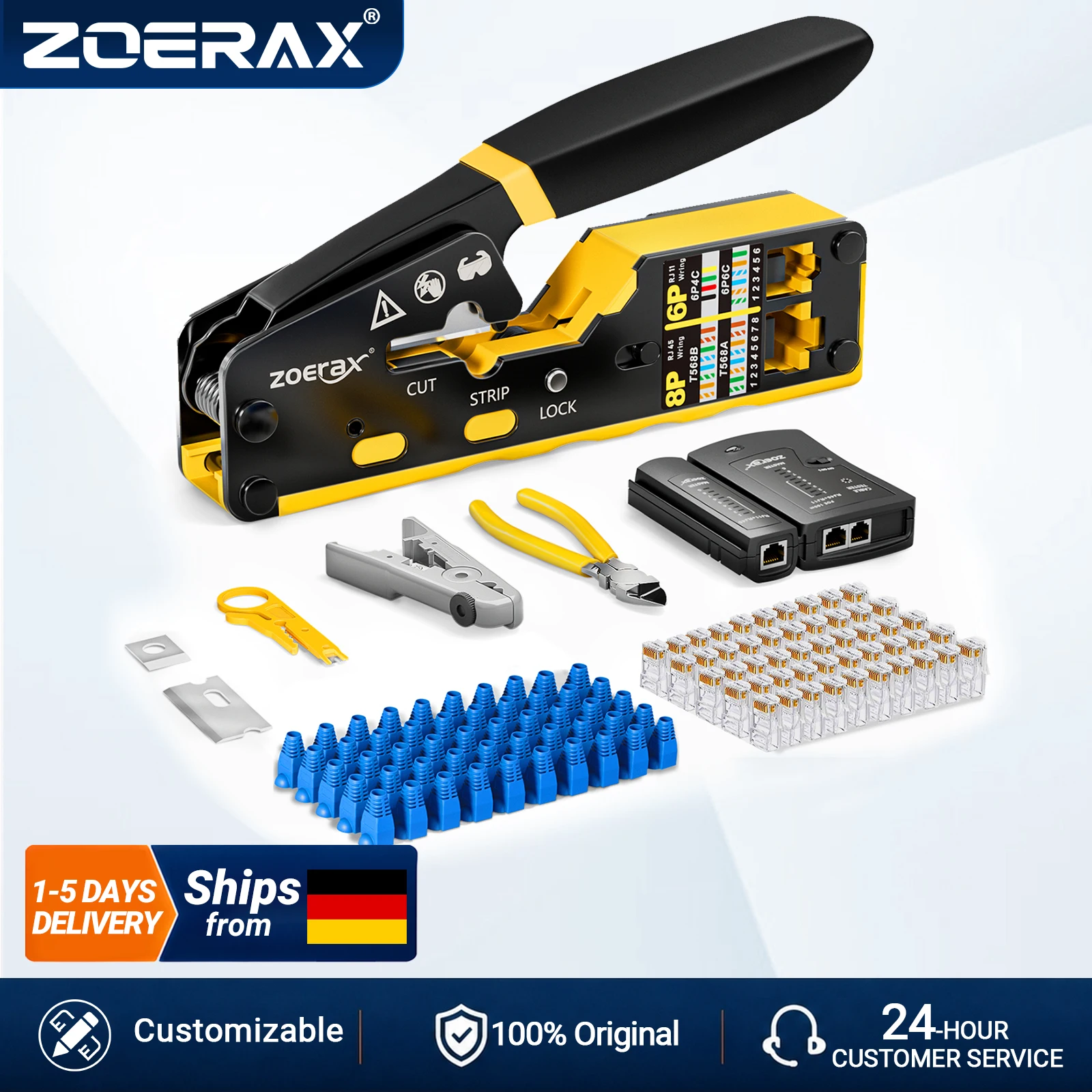 ZoeRax RJ45 CAT6 CAT5E CAT5 Crimp Tool Kit,Crimp tool,Cable Tester,Wire Cutter and Stripper,Blade,50PCS Connectors and Boots